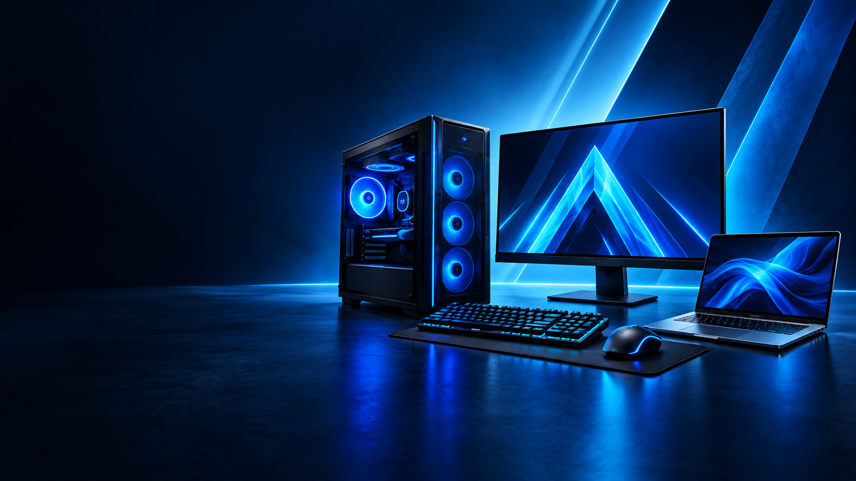 Computador, monitor e notebook em uma bancada tecnológica ALL IN ONE